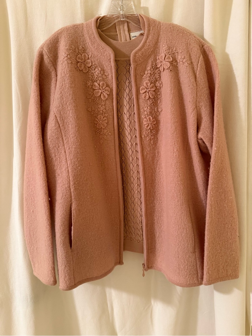 Alfred Dunner Pink Floral Embroidered Wool Jacket Sweater Set
